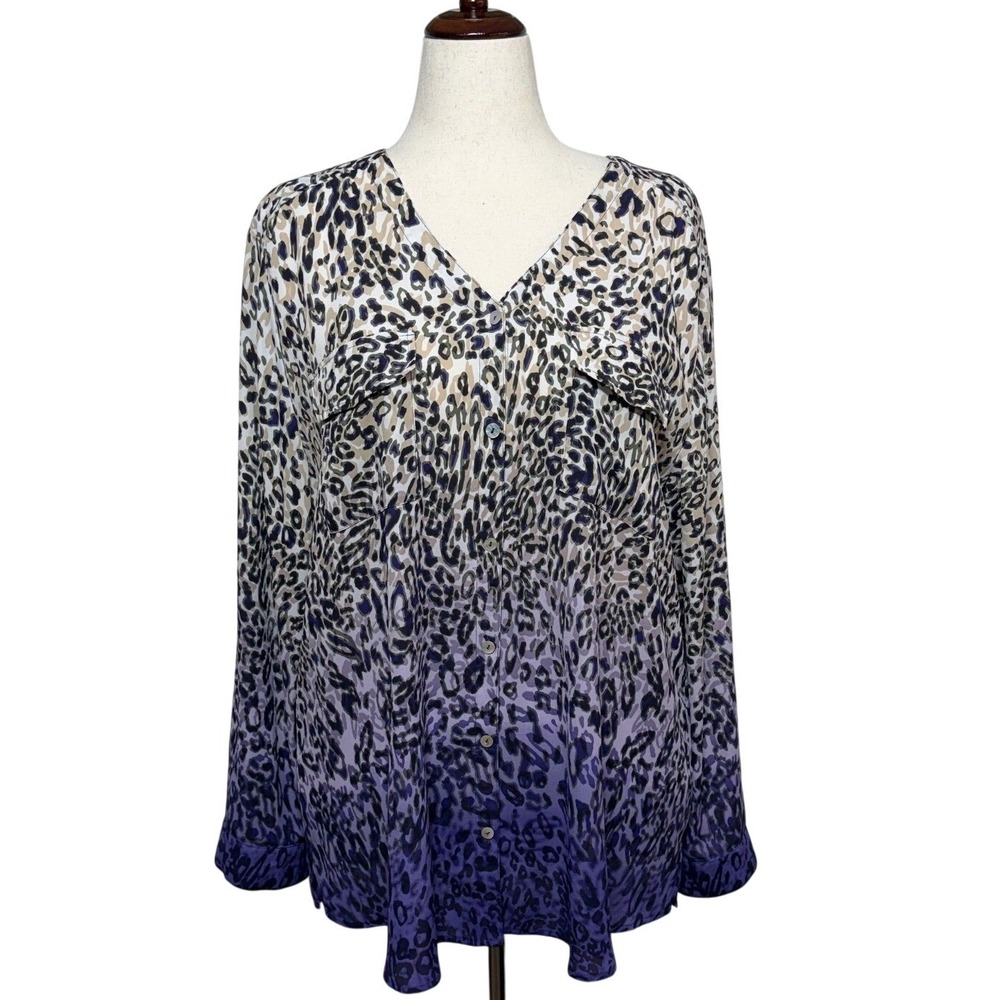 Chicos Top Women XXL 4 Purple Leopard Print Ombre Button Up Long Roll Tab Sleeve